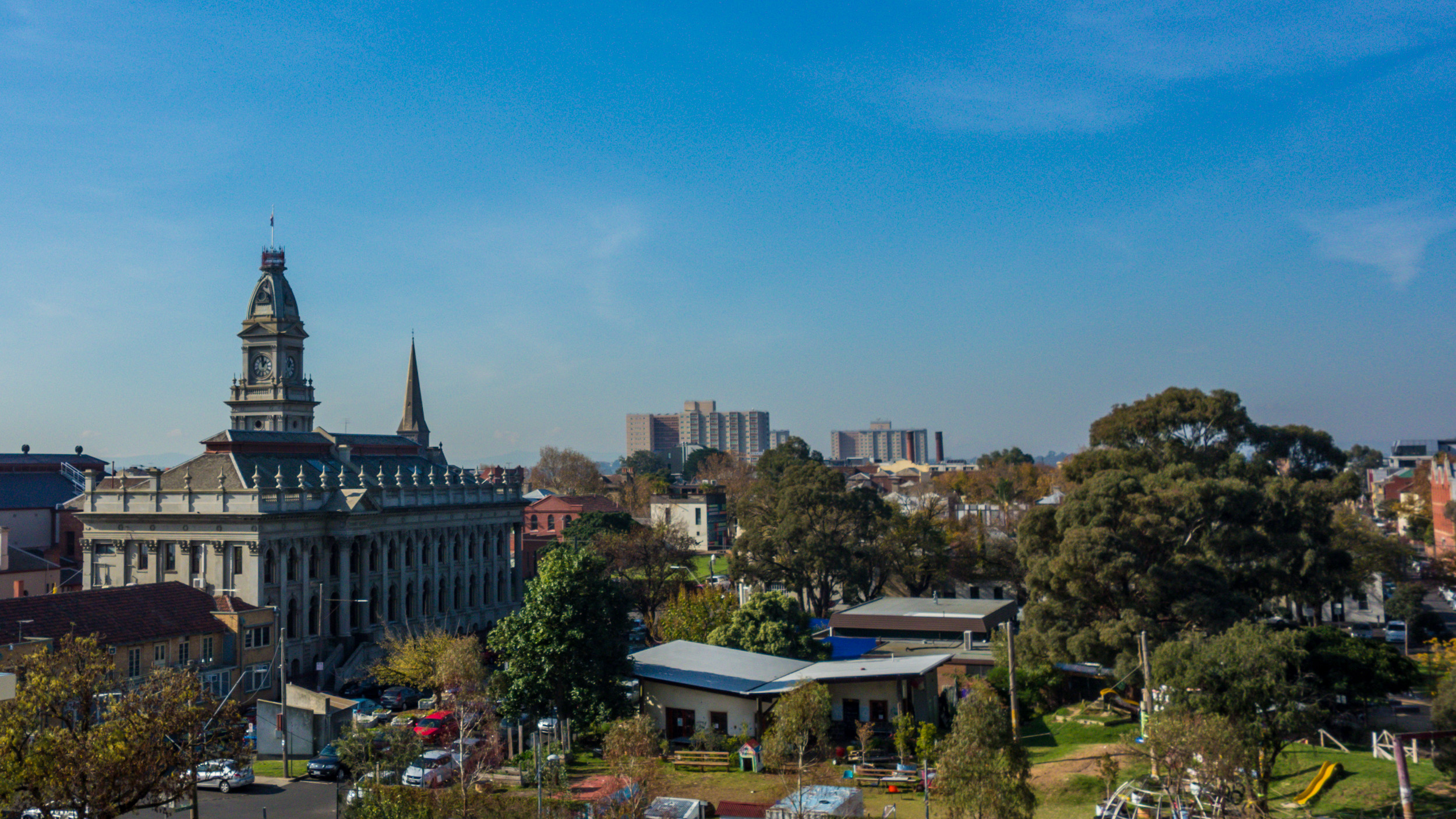 Fitzroy Town Hall and surrounding rooftops