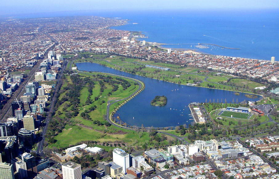 Aerial view of Albert Park and inner Melbourne