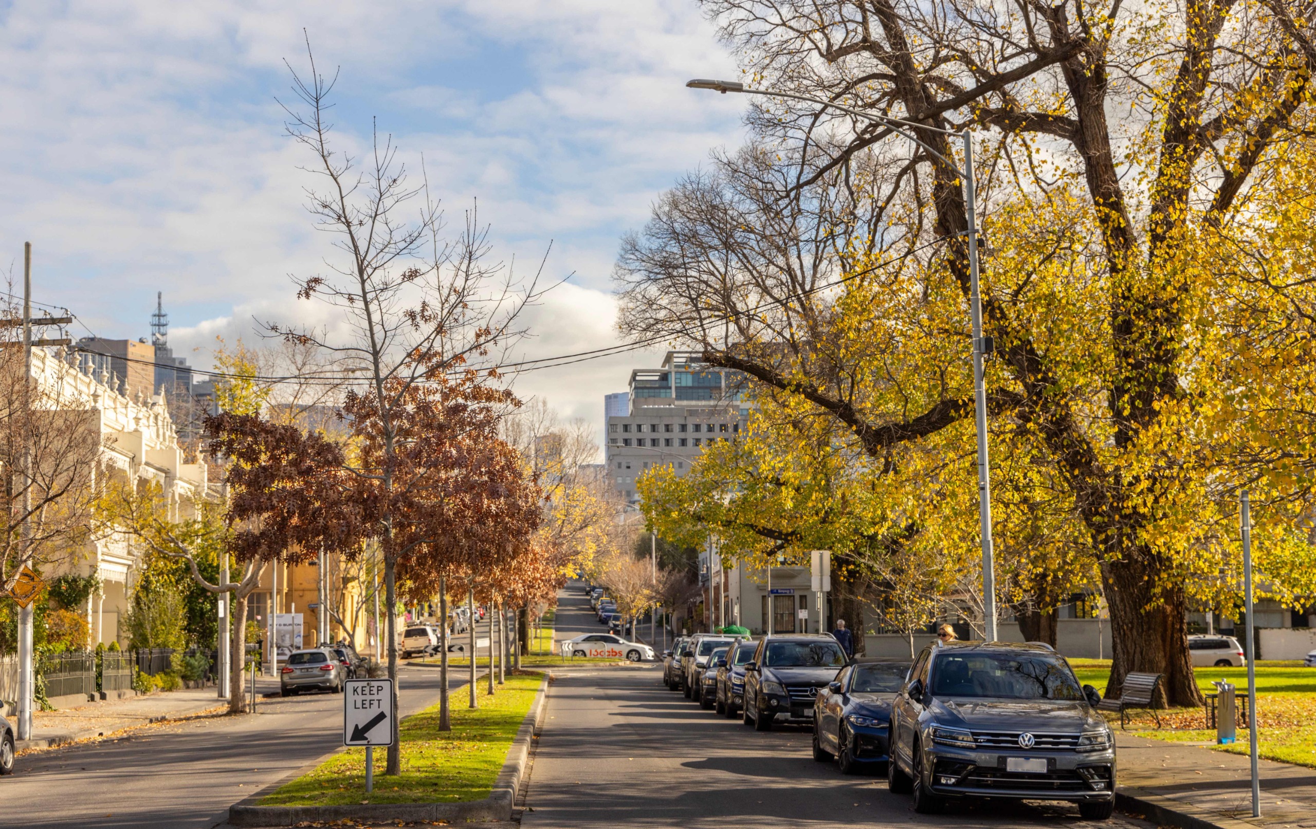 Tree-lined residential street in East Melbourne
