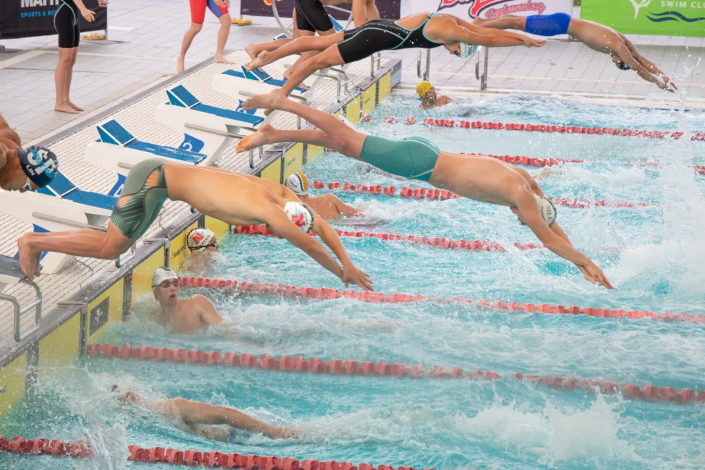 A swimmer competing at Melbourne Sports and Aquatic Centre