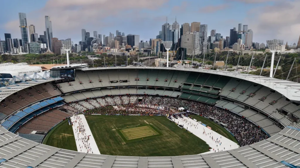 Melbourne Marathon participants gathering inside the MCG