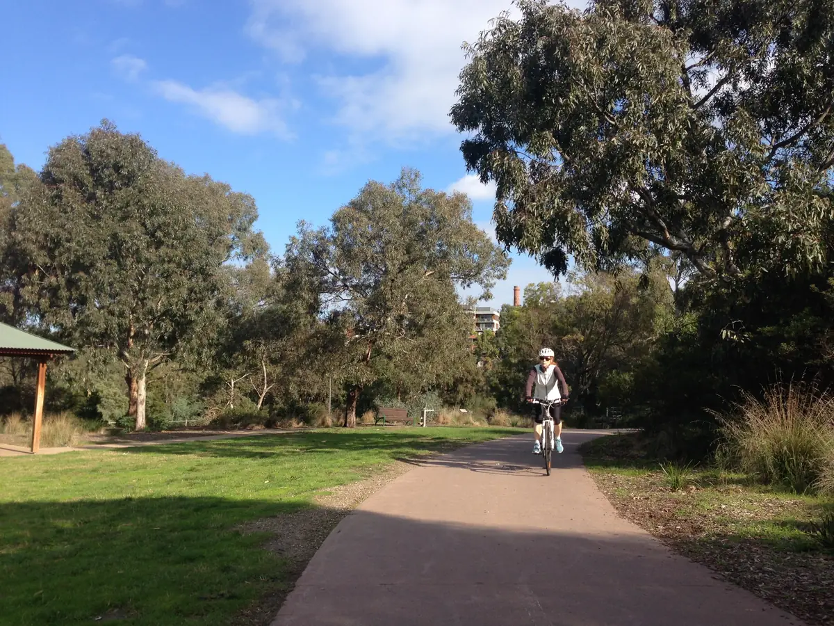 Cyclist riding the Yarra Trail near Dights Falls in Abbotsford