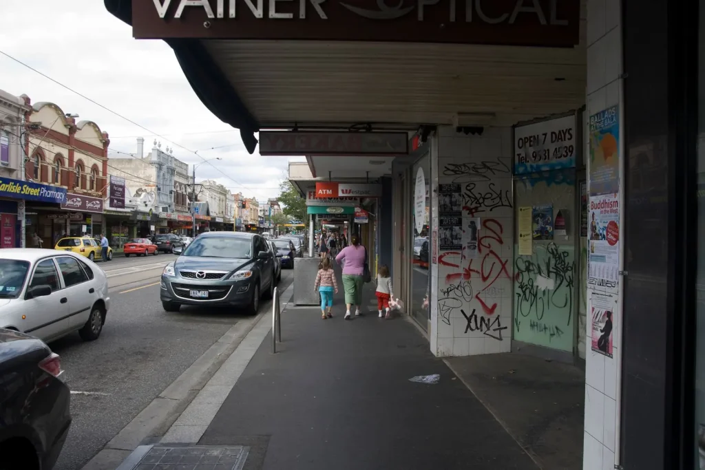 Shopfronts, tram tracks and pedestrians along Carlisle Street in Balaclava