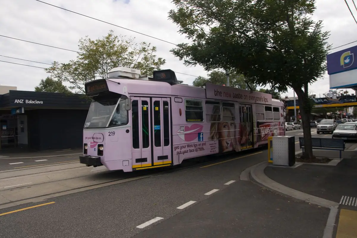 Tram passing shops on Carlisle Street in Balaclava
